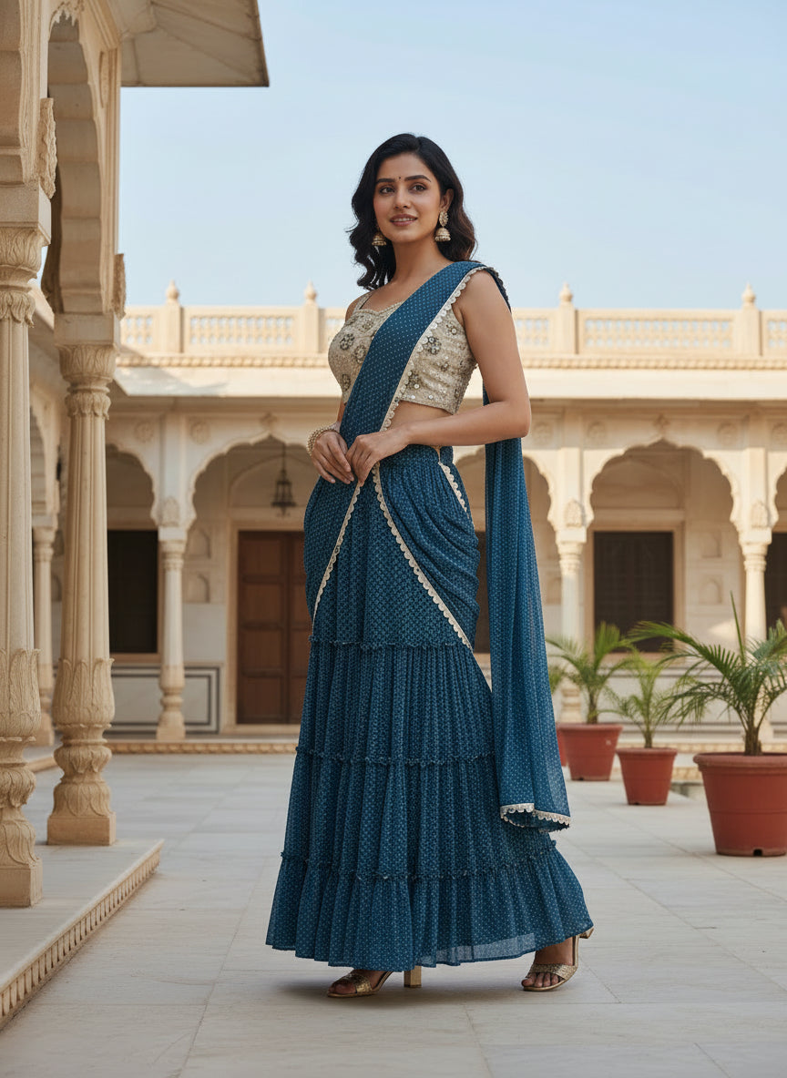 Blue Printed Chinon Chiffon Sharara Drape Saree Set