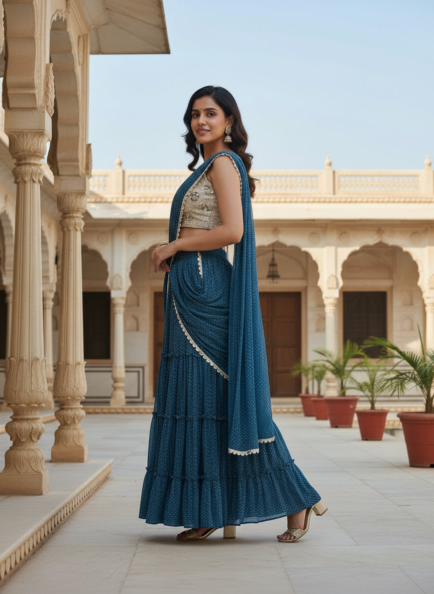 Blue Printed Chinon Chiffon Sharara Drape Saree Set