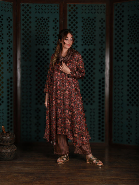 Brown Cowl Neck Printed Co-ord Set
