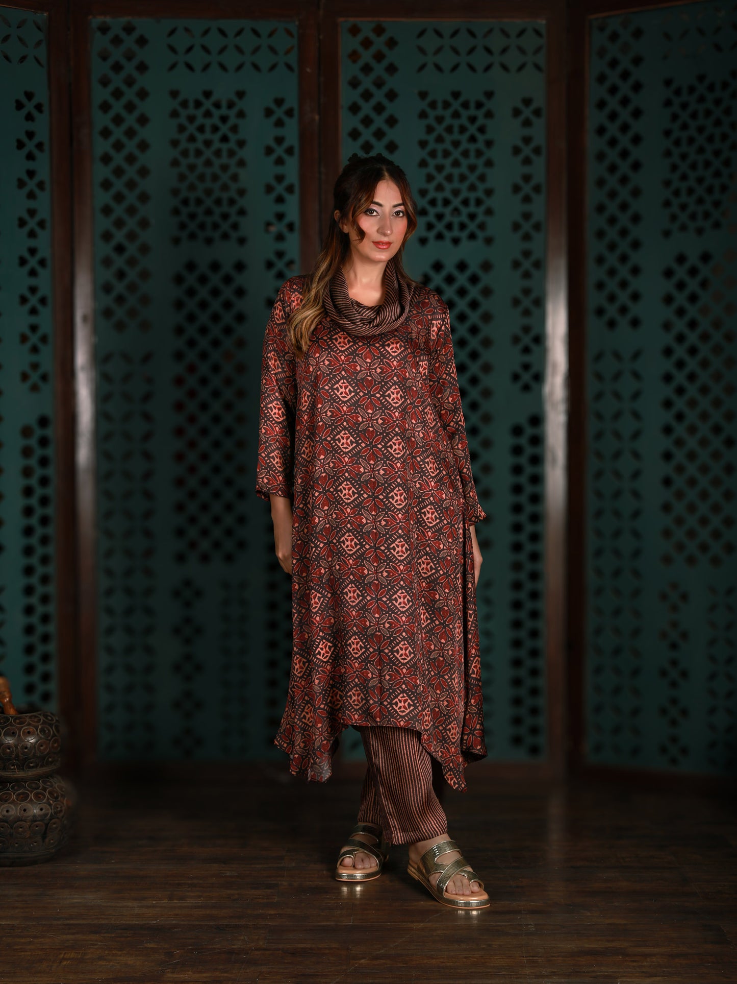 Brown Cowl Neck Printed Co-ord Set