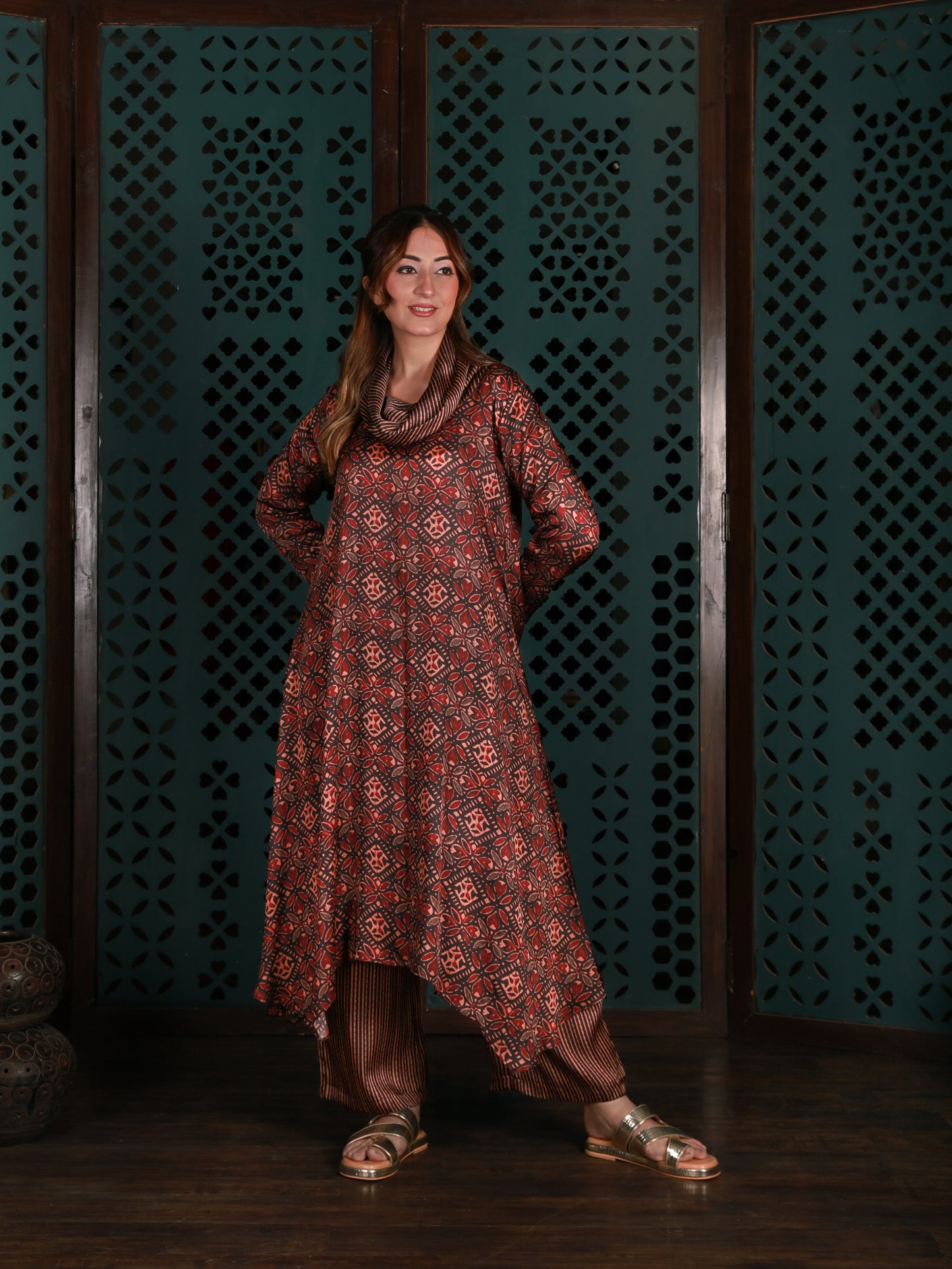 Brown Cowl Neck Printed Co-ord Set