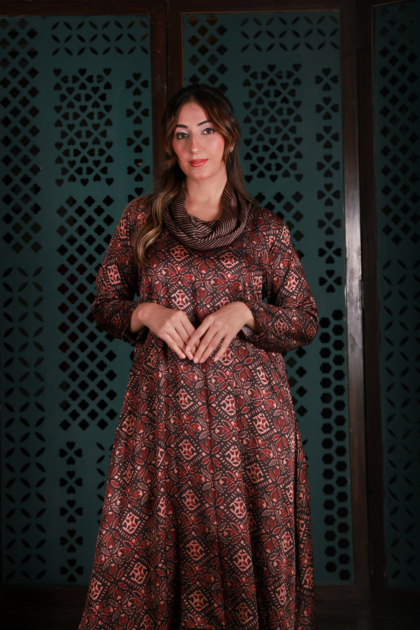 Brown Cowl Neck Printed Co-ord Set