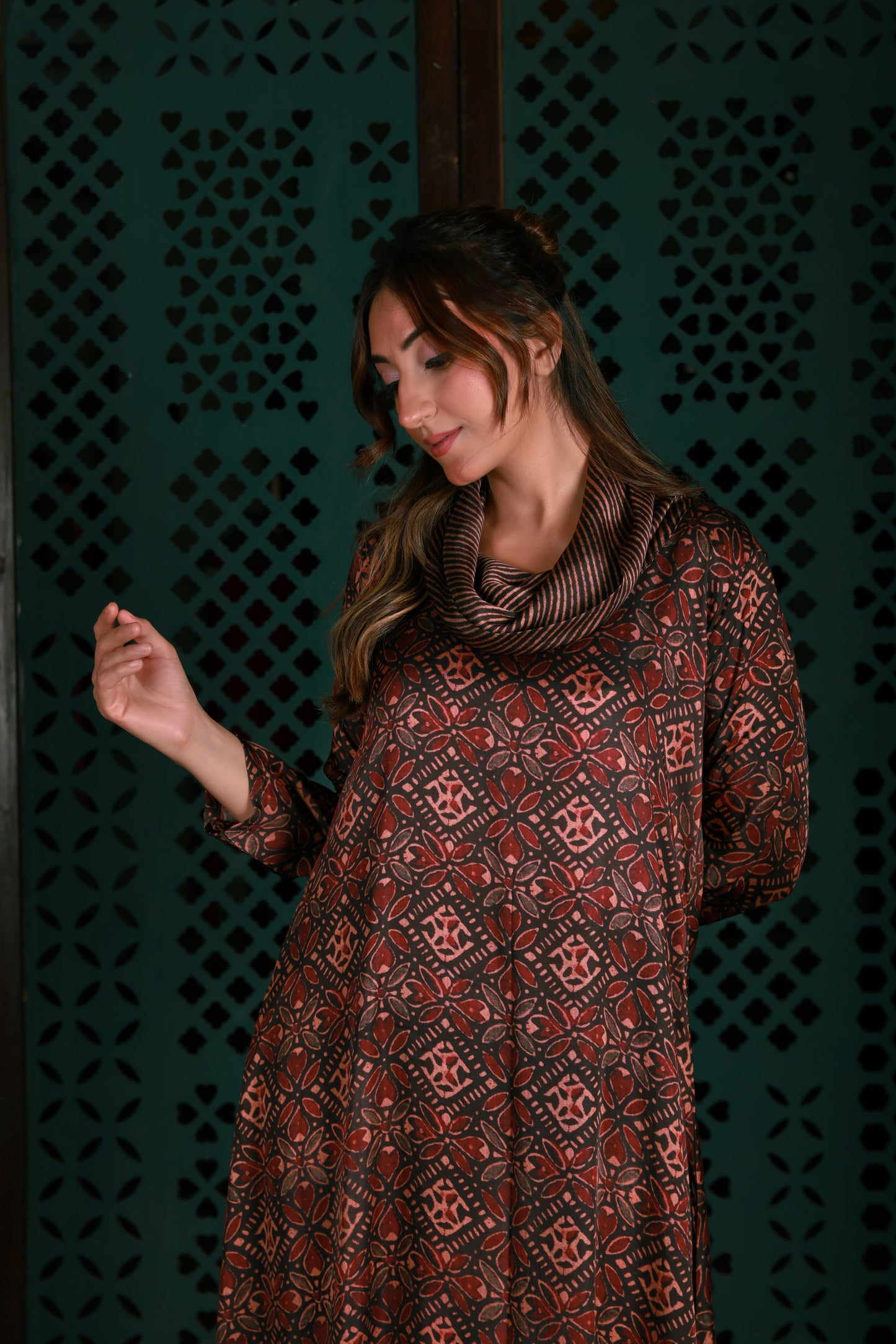 Brown Cowl Neck Printed Co-ord Set