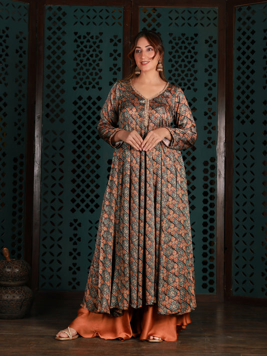 Printed Anarkali Kurta With Gold Pants