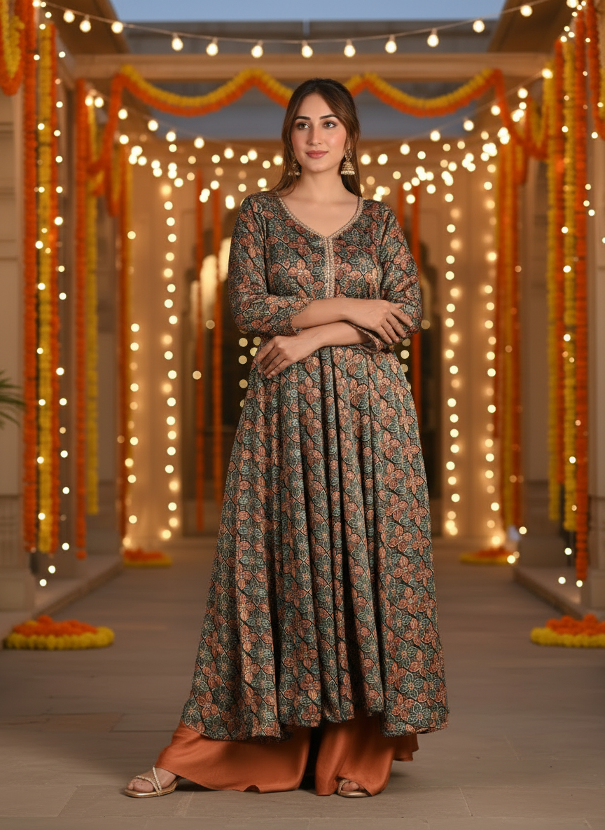 Printed Anarkali Kurta With Gold Pants