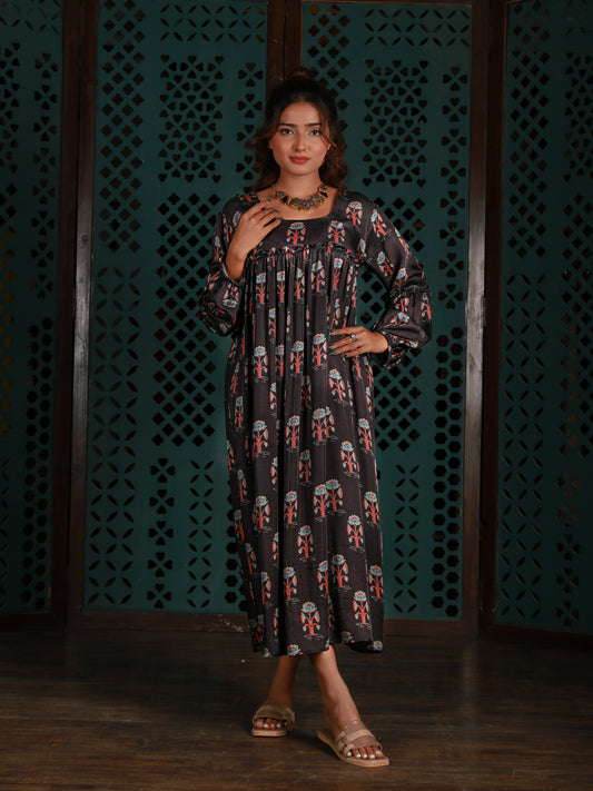 Black Gathered Yoke Dress