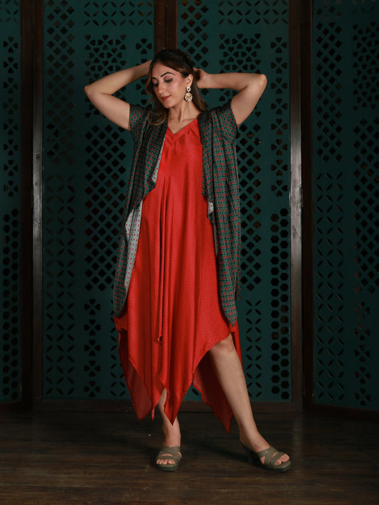 Red Drape Dress With Green Printed Cape