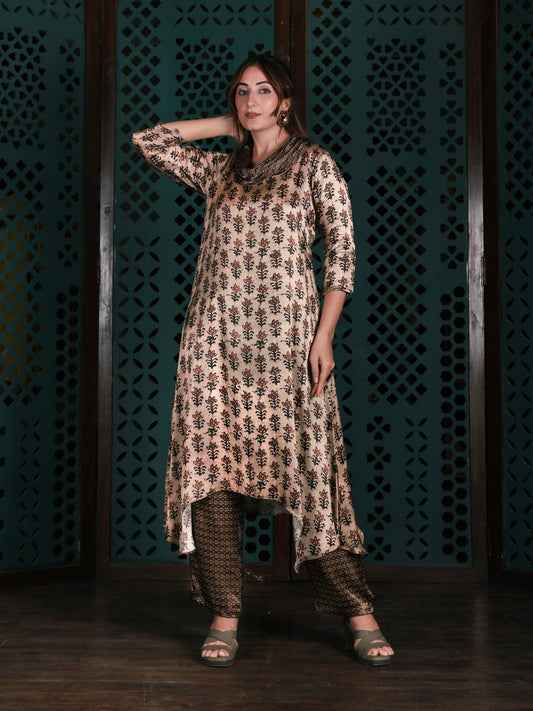 Beige Cowl Neck Printed Co-ord Set