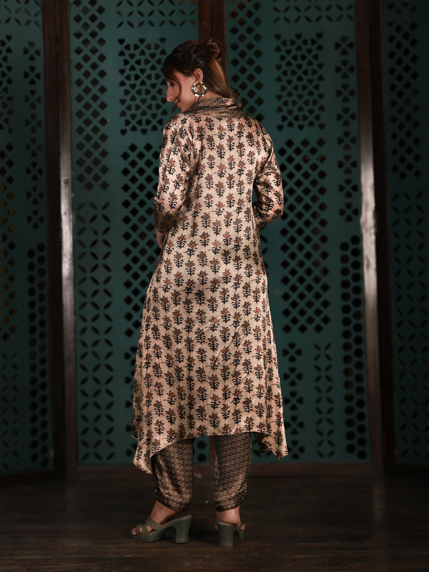 Beige Cowl Neck Printed Co-ord Set