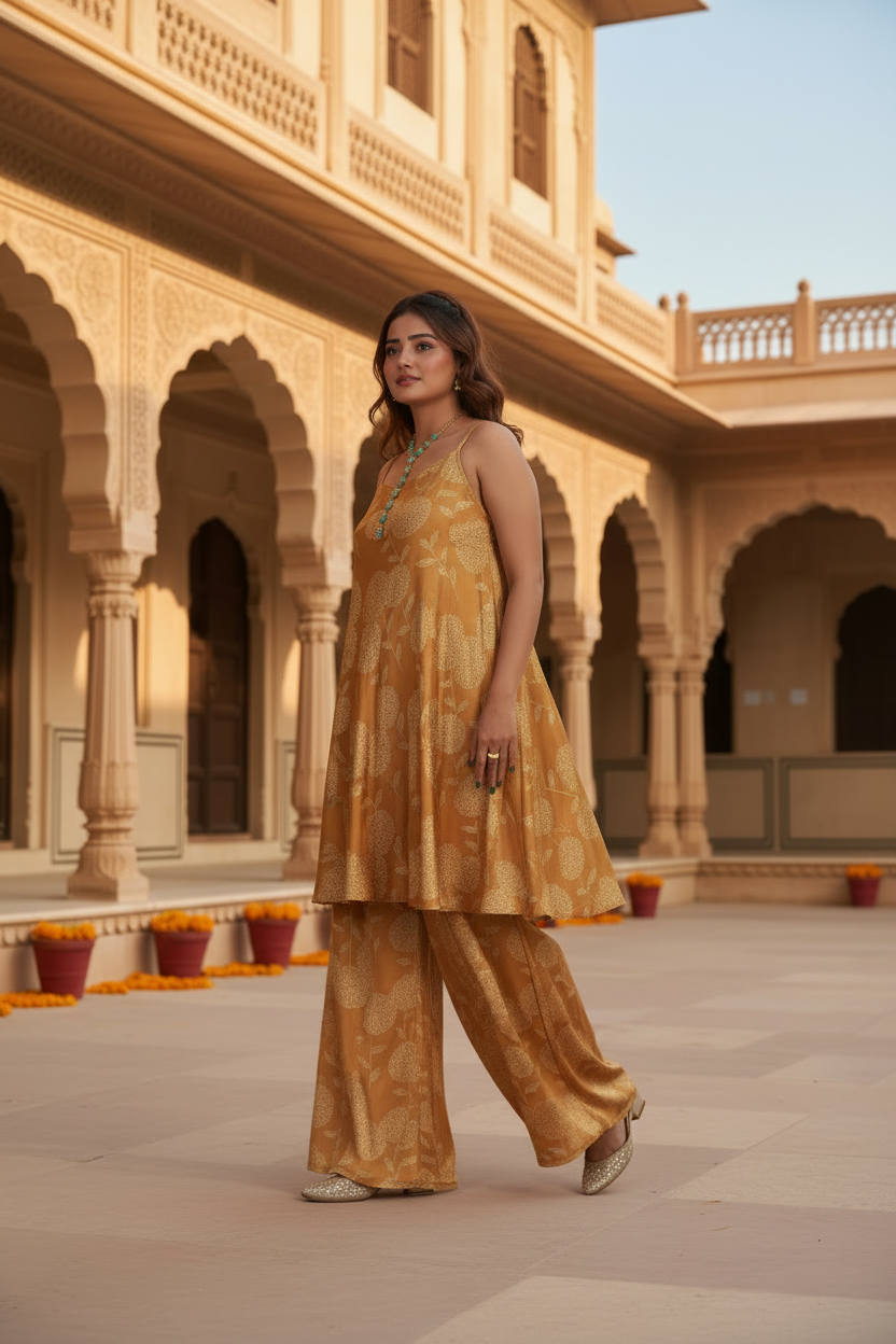 Yellow Floral Flared Spaghetti Dress With Pallazo