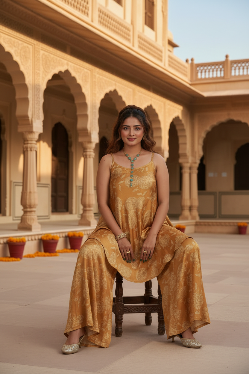 Yellow Floral Flared Spaghetti Dress With Pallazo