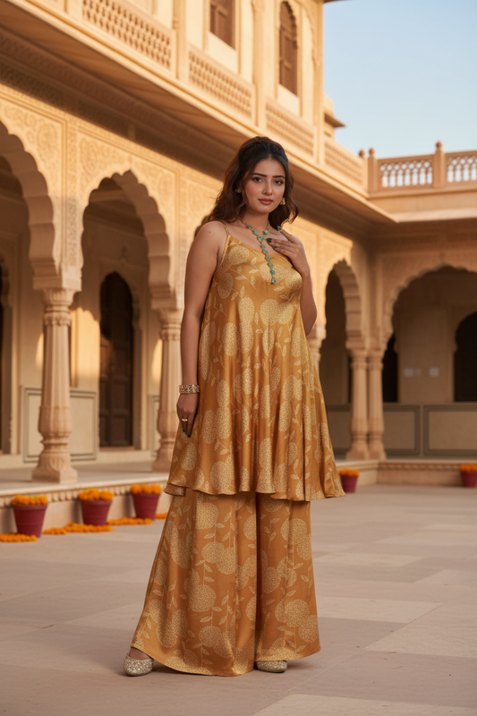 Yellow Floral Flared Spaghetti Dress With Pallazo