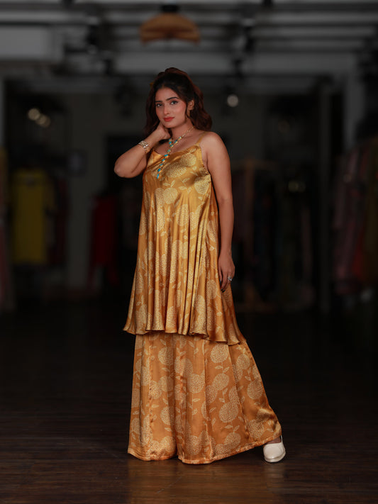 Yellow Floral Flared Spaghetti Dress With Pallazo