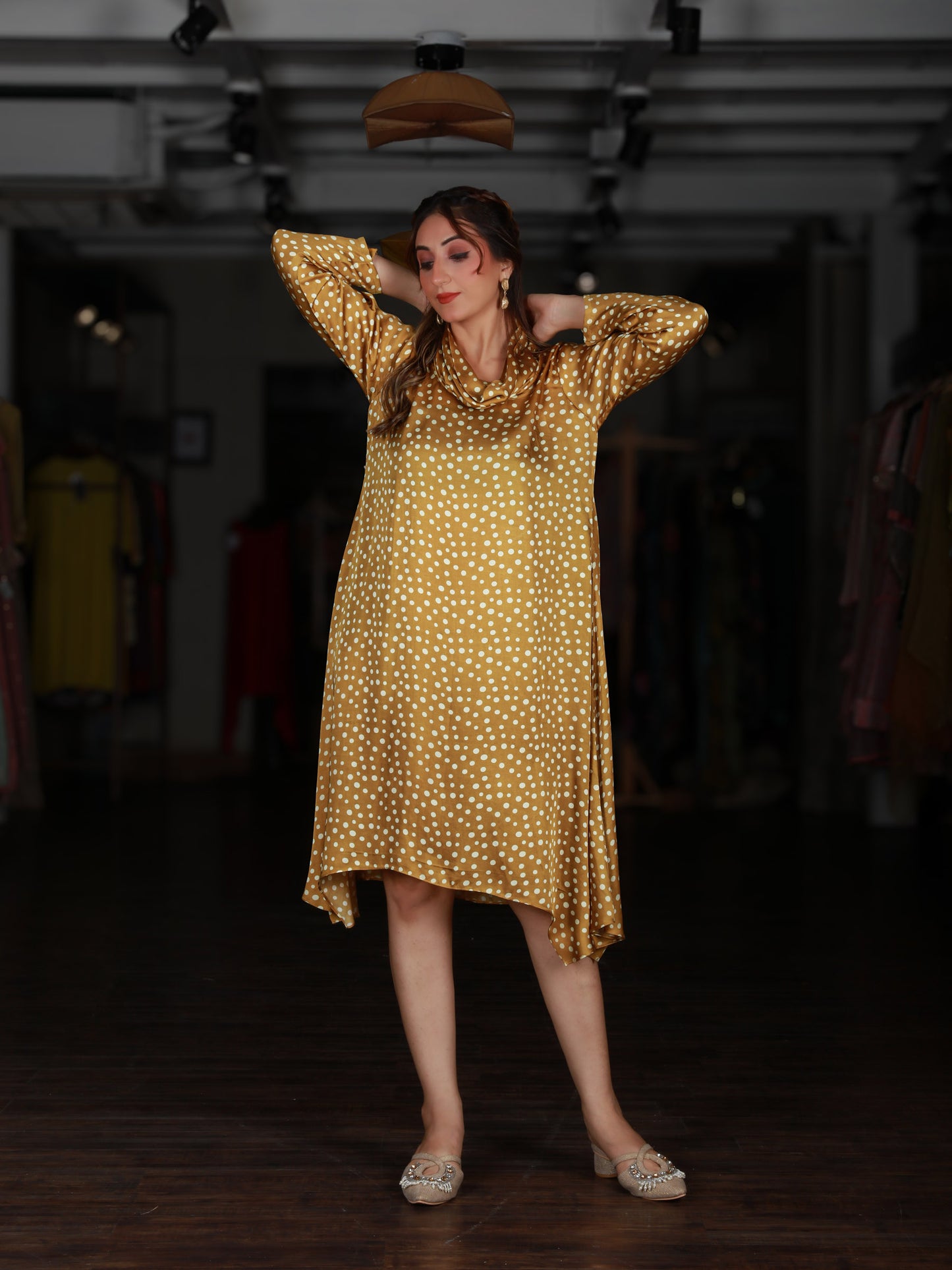 Yellow Polka Dot Cowl Neck Dress