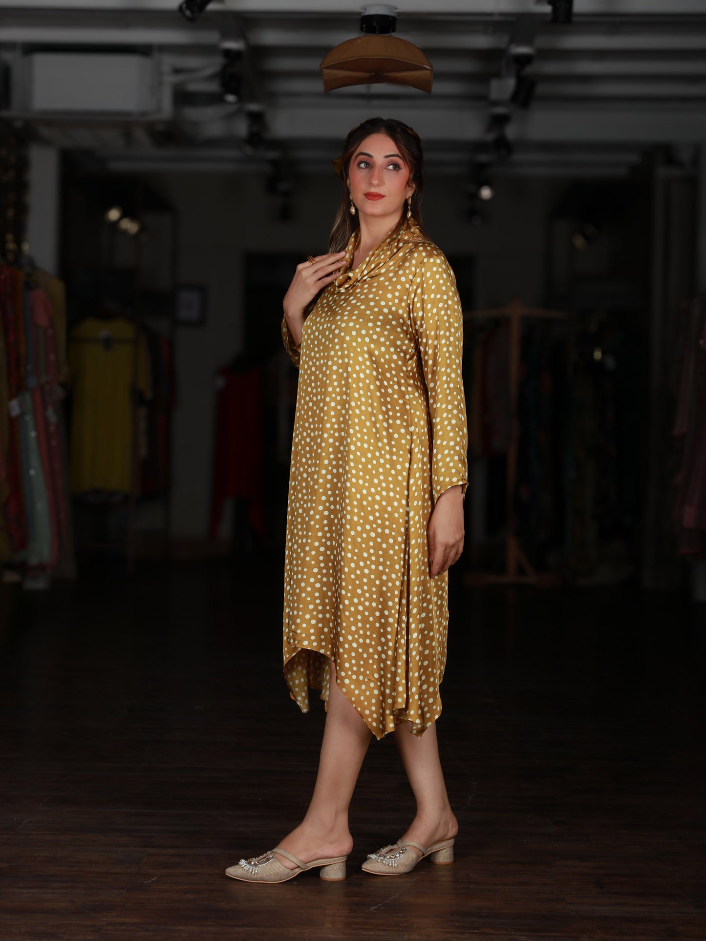 Yellow Polka Dot Cowl Neck Dress