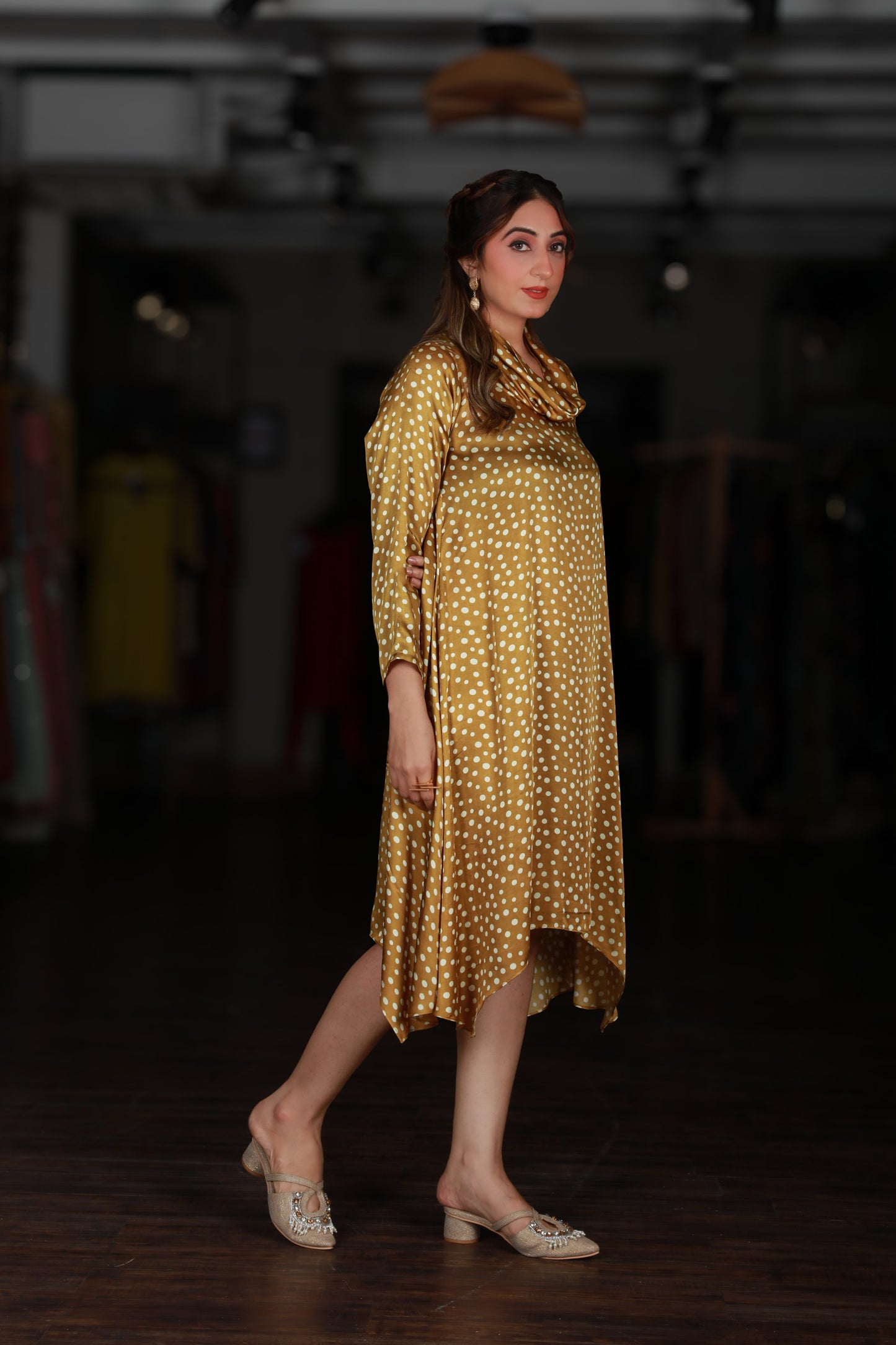 Yellow Polka Dot Cowl Neck Dress
