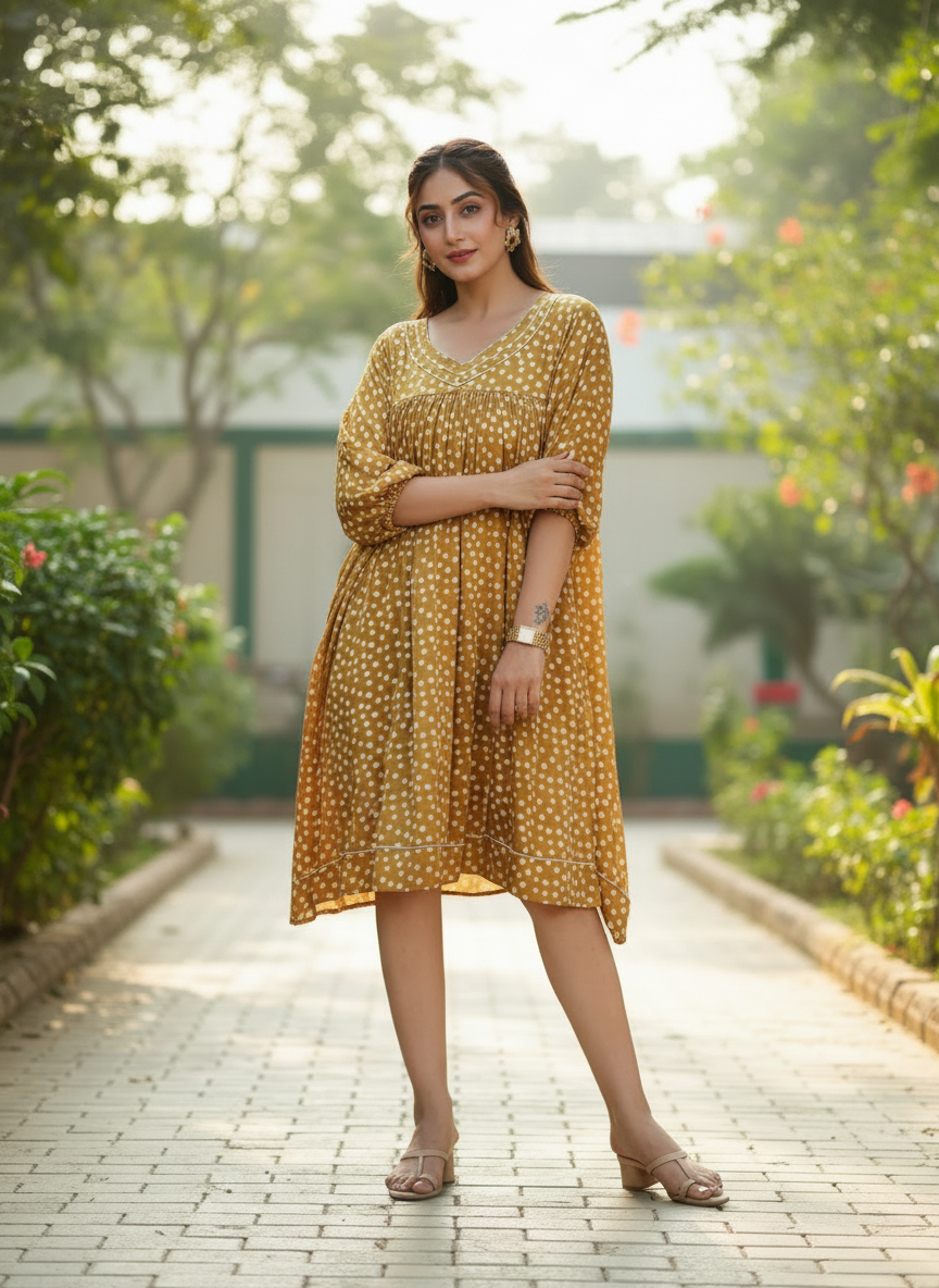 Yellow Polka Dot Gathered Midi Dress