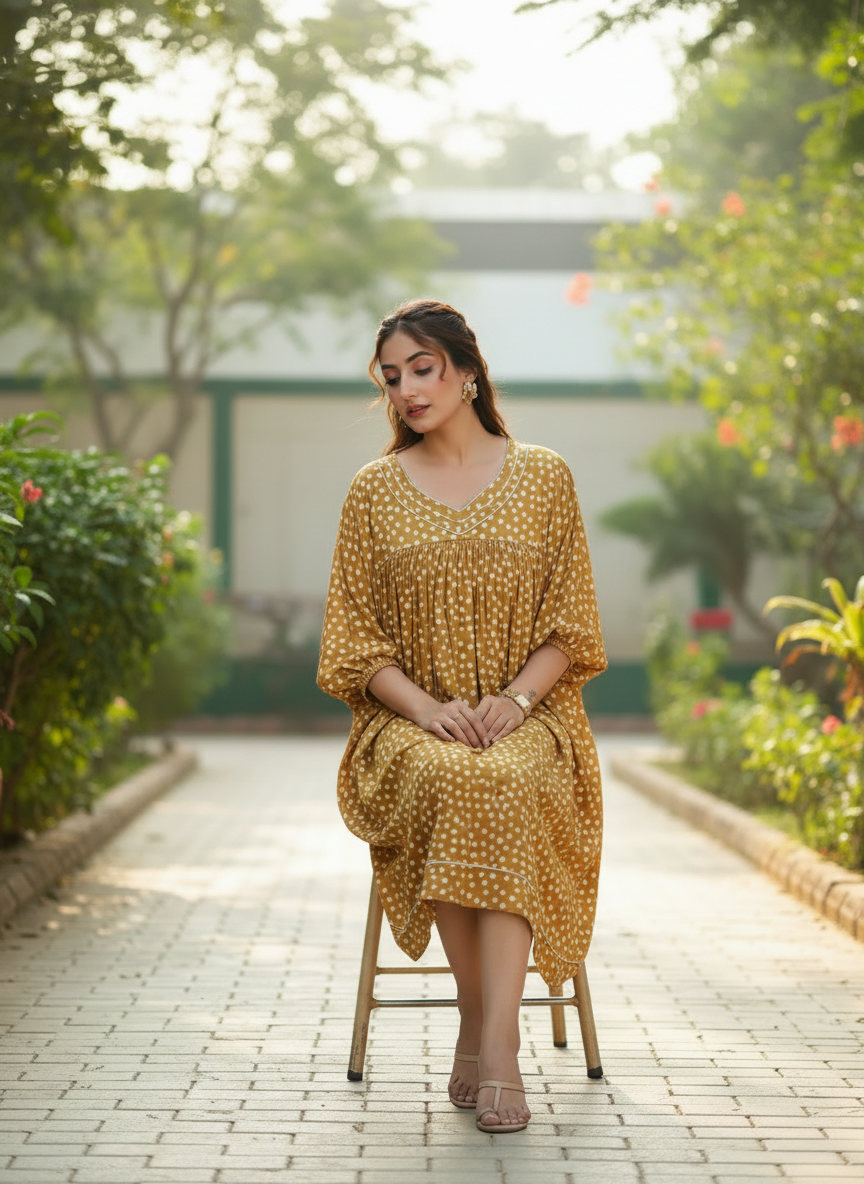 Yellow Polka Dot Gathered Midi Dress