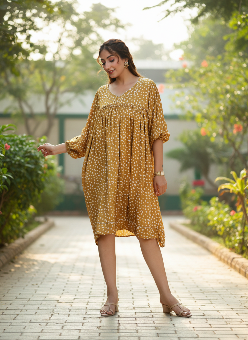 Yellow Polka Dot Gathered Midi Dress