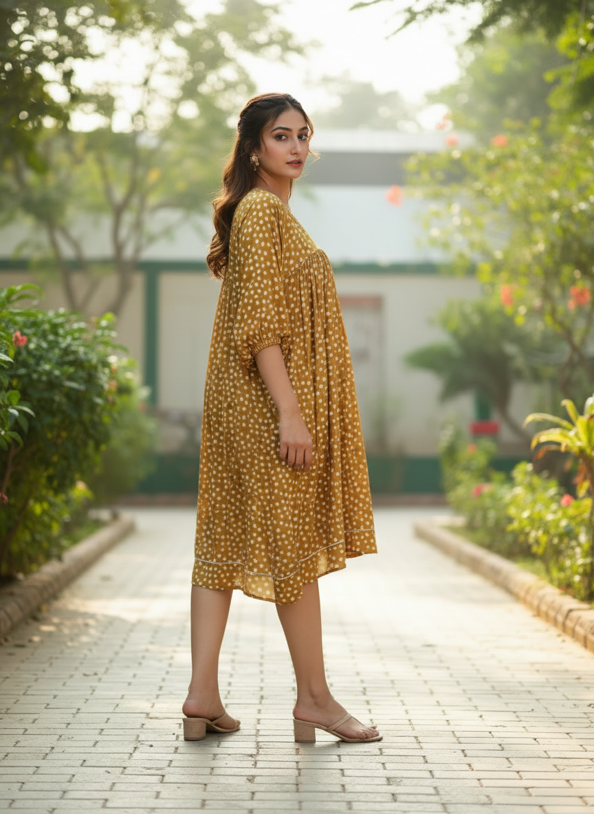 Yellow Polka Dot Gathered Midi Dress