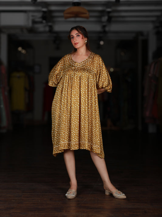 Yellow Polka Dot Gathered Midi Dress