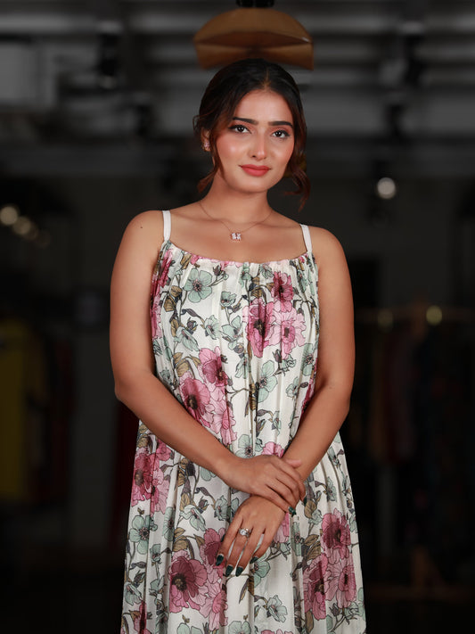 White Floral Strappy Maxi Dress