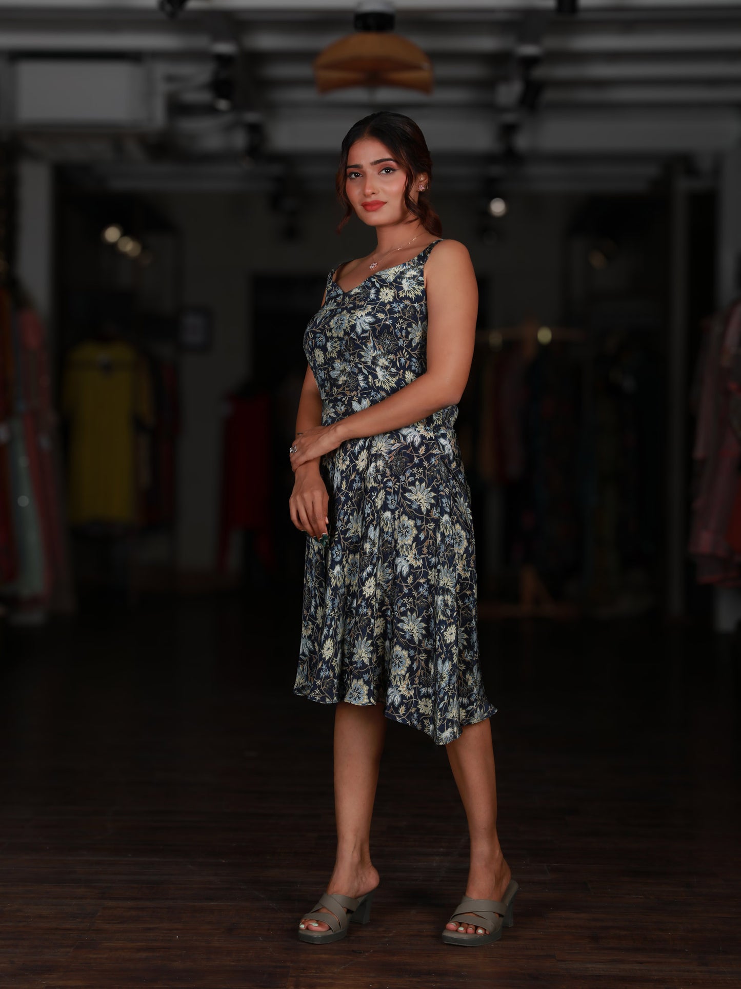 Navy Blue Floral Printed Strappy Short Dress