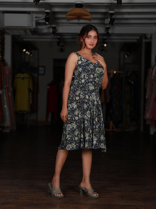 Navy Blue Floral Printed Strappy Short Dress
