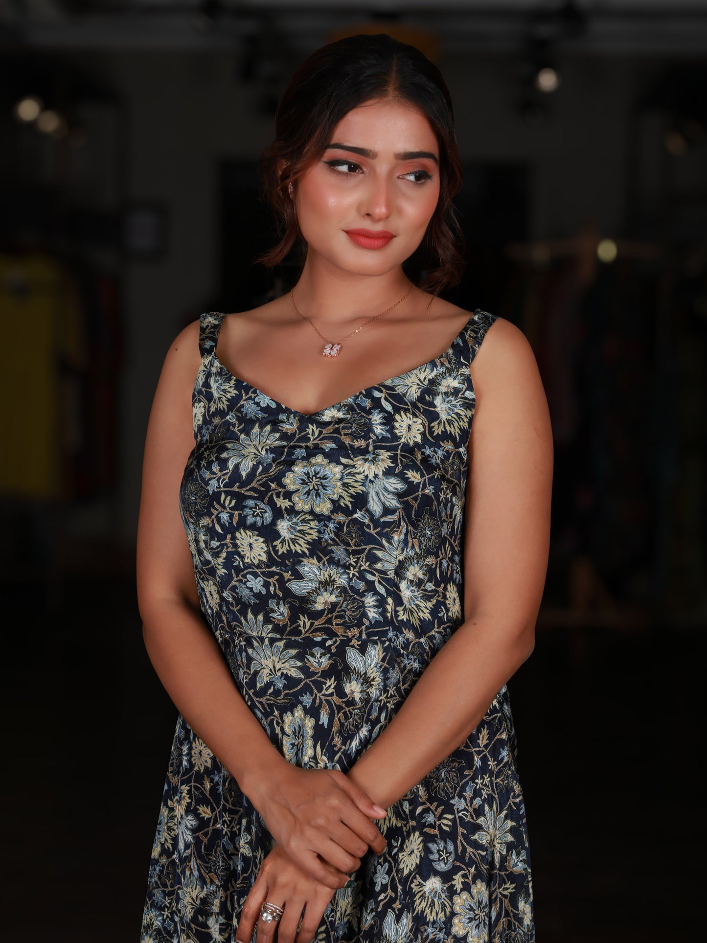 Navy Blue Floral Printed Strappy Short Dress