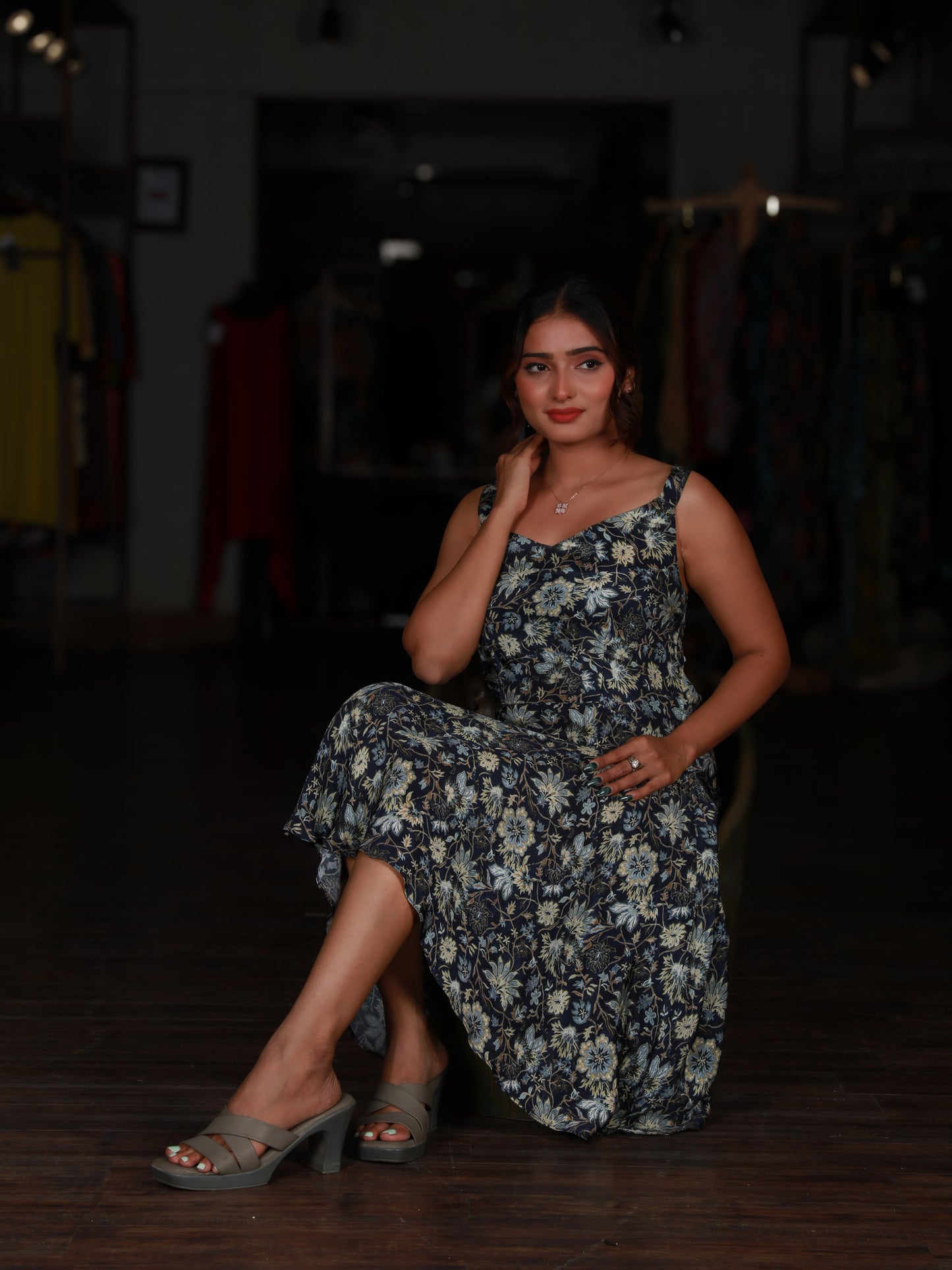 Navy Blue Floral Printed Strappy Short Dress
