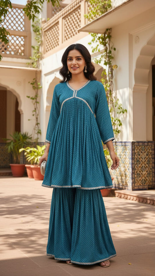 Teal Blue Chinon Chiffon Sharara Set