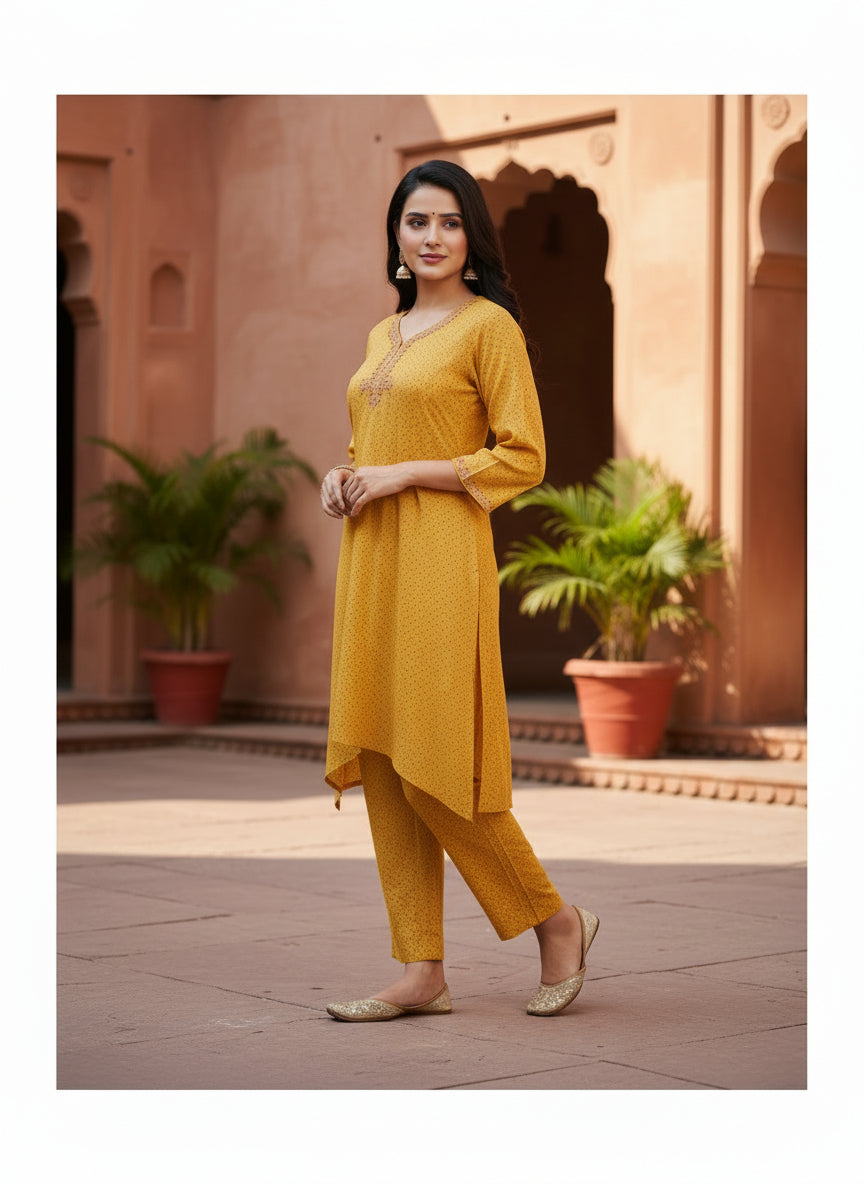 Mustard Yellow Chinon Chiffon Kurta Set