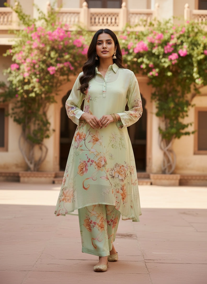 Mint Floral Crepe Silk Kurta Set with Handwork