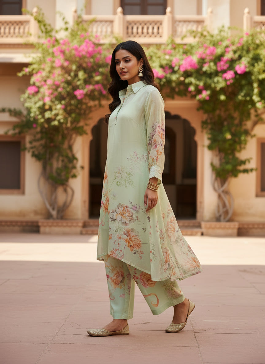 Mint Floral Crepe Silk Kurta Set with Handwork