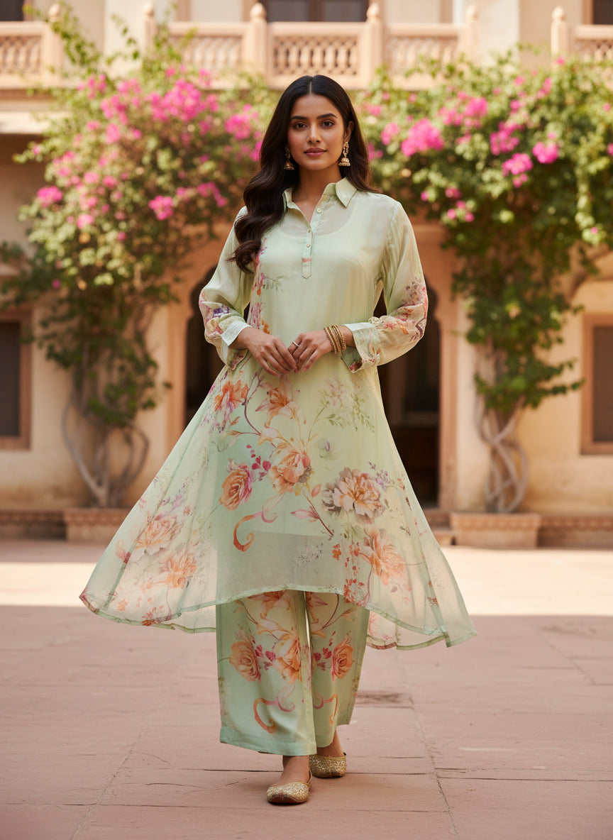 Mint Floral Crepe Silk Kurta Set with Handwork