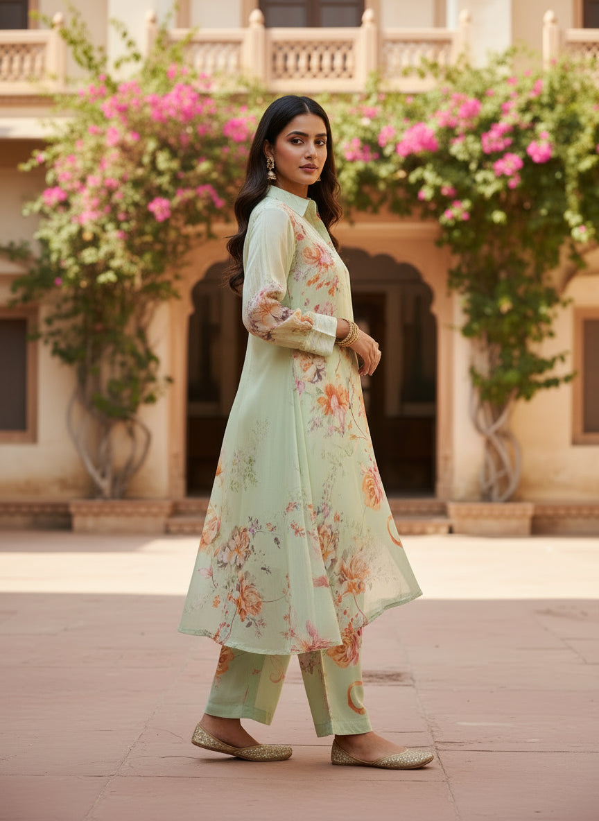 Mint Floral Crepe Silk Kurta Set with Handwork