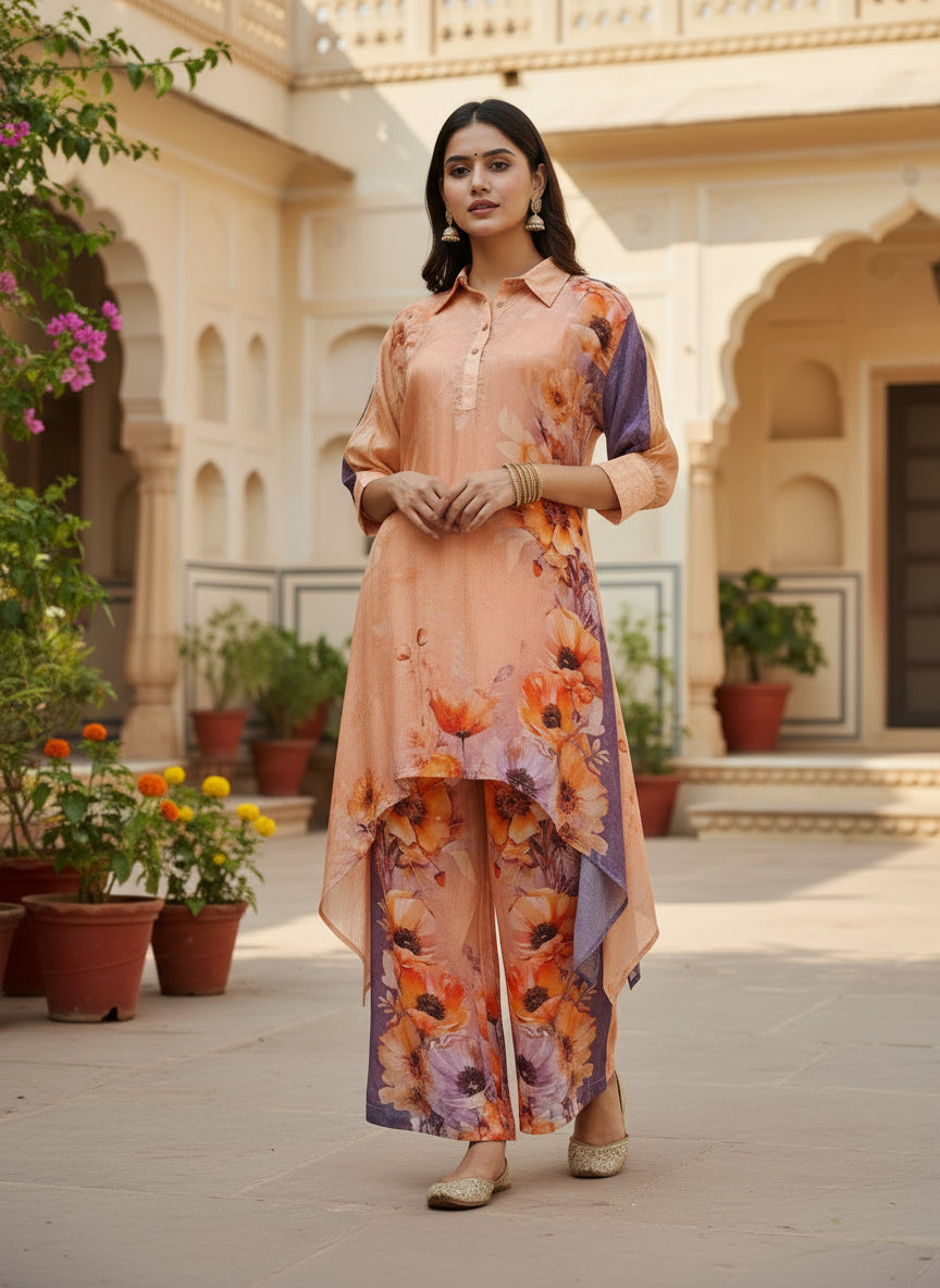 Peach Floral Crepe Silk Asymmetric Kurta Set