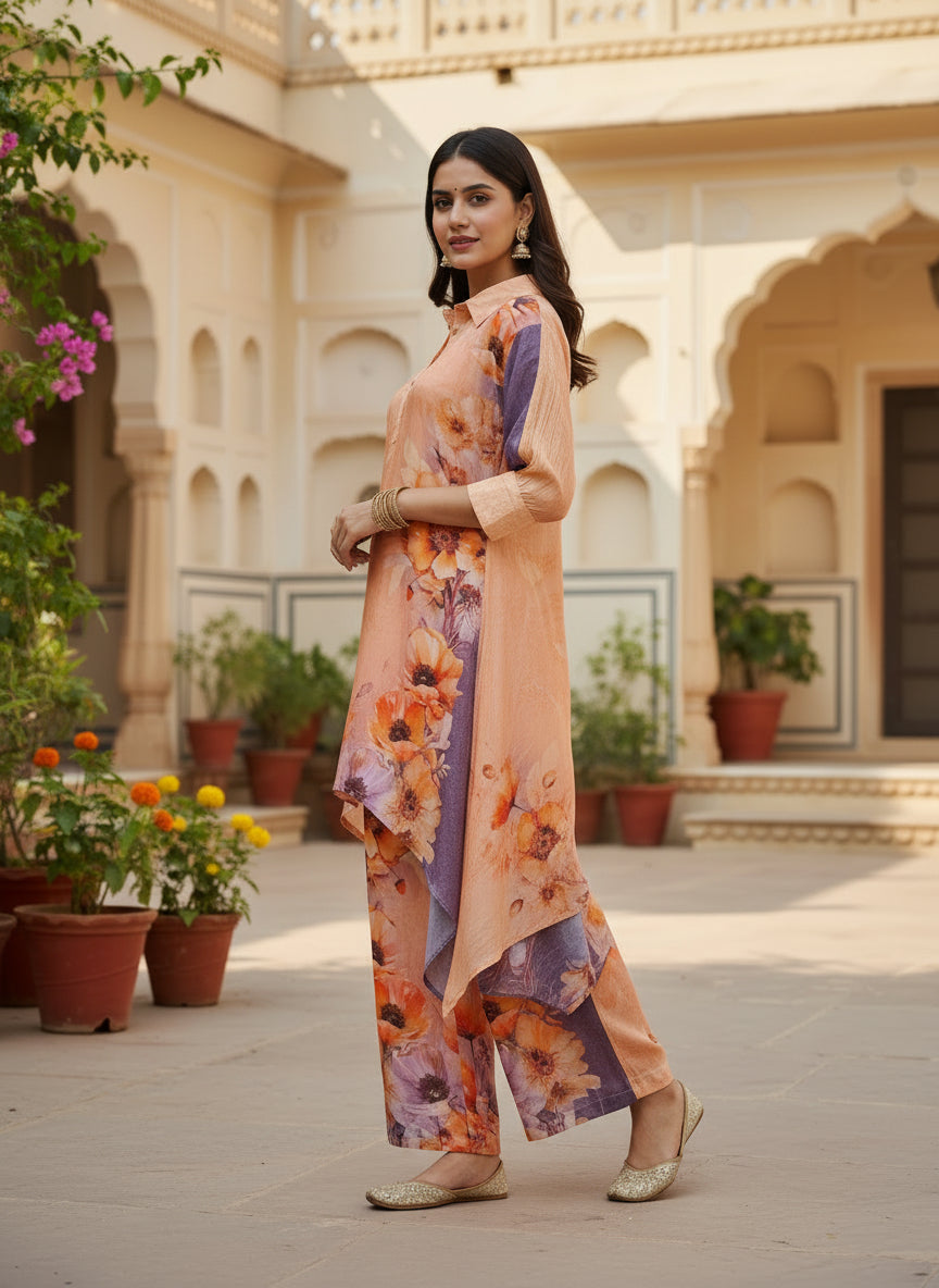 Peach Floral Crepe Silk Asymmetric Kurta Set