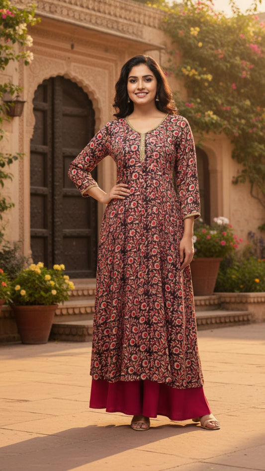Wine Floral Modal Anarkali with Flared Palazzo