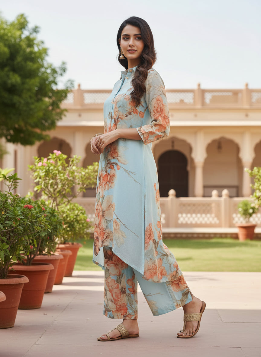 Powder Blue Floral Crepe Silk Kurta Set