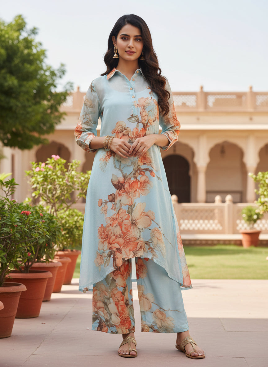 Powder Blue Floral Crepe Silk Kurta Set