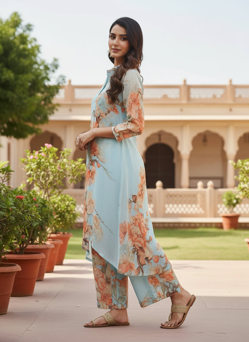 Powder Blue Floral Crepe Silk Kurta Set