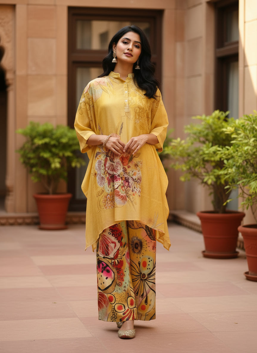 Mustard Yellow Floral Crepe Silk Kurta Set