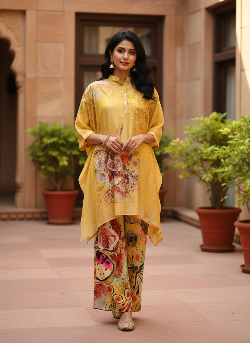 Mustard Yellow Floral Crepe Silk Kurta Set