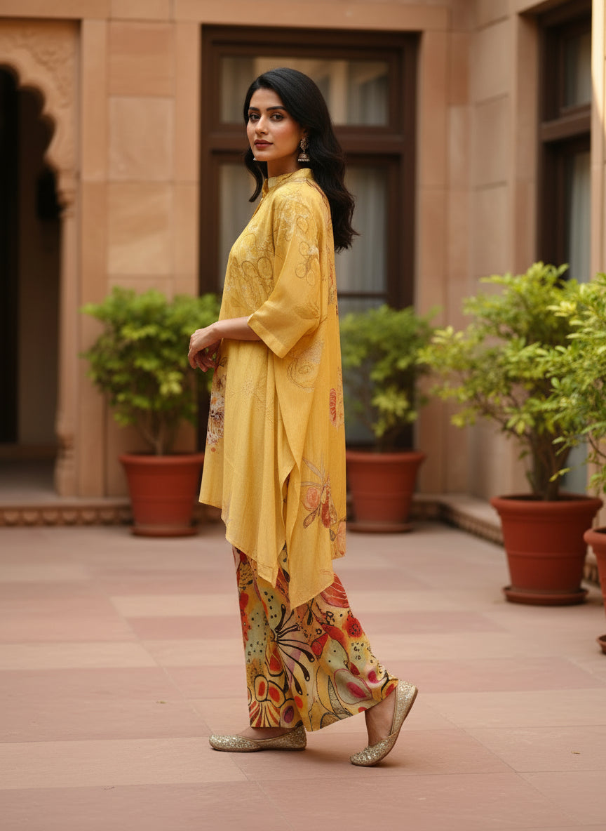 Mustard Yellow Floral Crepe Silk Kurta Set