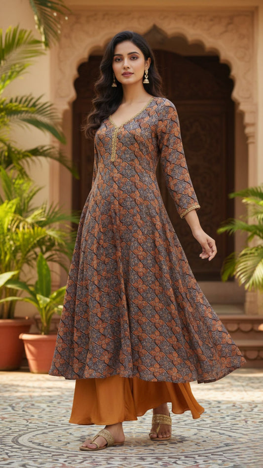 Rust & Slate Printed Modal Satin Anarkali Set