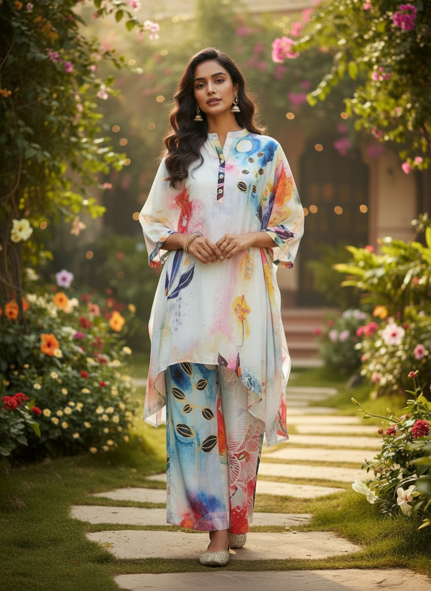 Multicolour Abstract Crepe Silk Kurta Set with Handwork