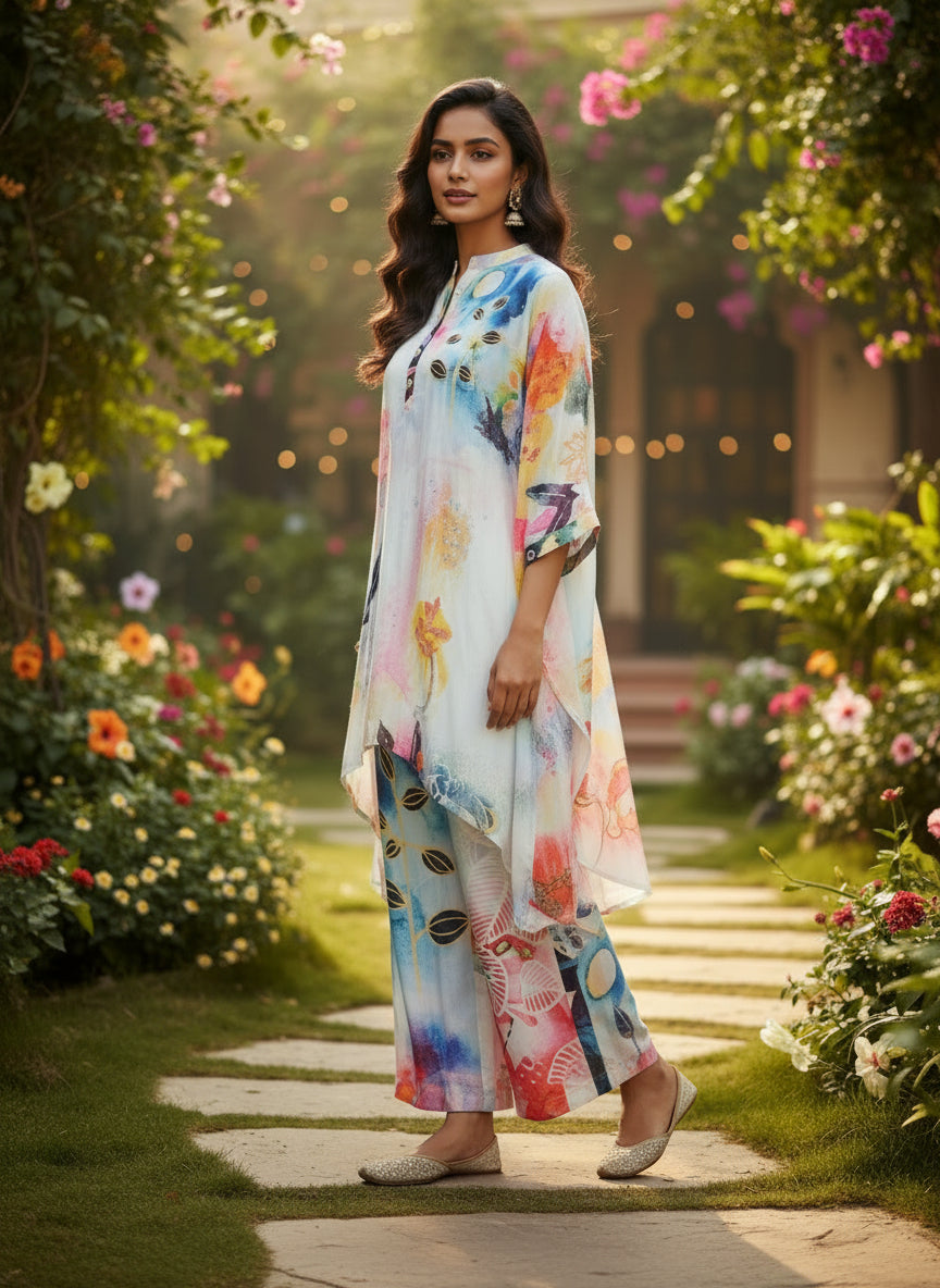 Multicolour Abstract Crepe Silk Kurta Set with Handwork