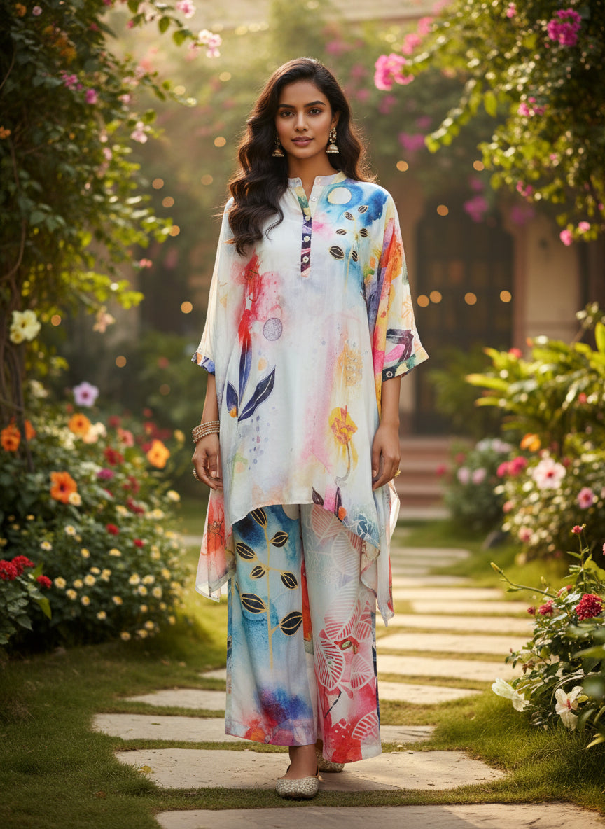 Multicolour Abstract Crepe Silk Kurta Set with Handwork