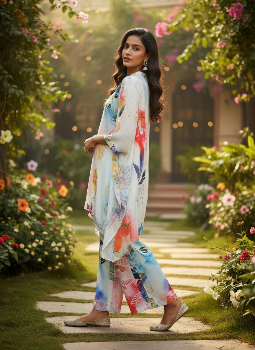 Multicolour Abstract Crepe Silk Kurta Set with Handwork